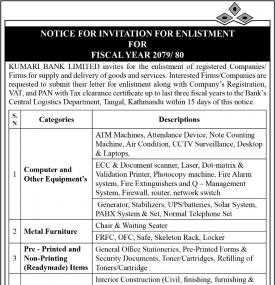 Notice for Enlistment for Supply of Office Equipment & Services