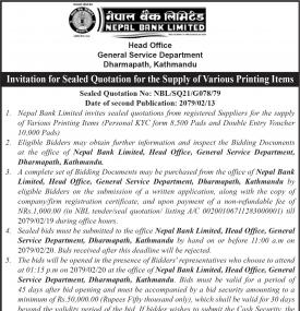 Invitation for Sealed Quotation for the Supply of Various Printing Items