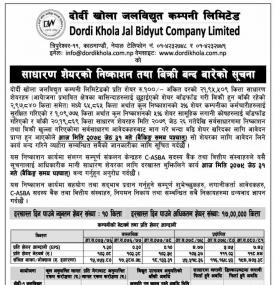 दोर्दी खोला जलविद्युतको साधारण शेयरको बिक्री बन्दबारे सूचना