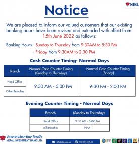 Revised Banking Hours of Cash Counter Timing