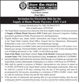 Invitation for Electronic Bids for the Supply of Bank Plastic Paywave EMV Card
