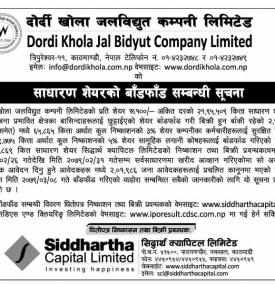 दोर्दाी खोला जलविद्युतको साधारण शेयरको बाँडफाँड सम्बन्धी सूचना