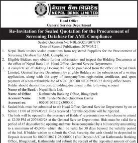 Re-Invitation for Sealed Quotation for the Procurement of Screening Database for AML Compliance