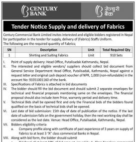 Tender Notice Supply and Delivery of Fabrics