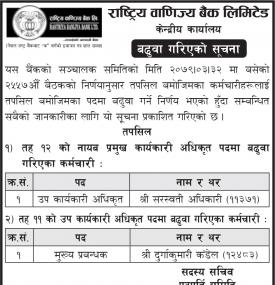 बैंकको कर्मचारीहरुलाई बढुवा गरिएको सम्बन्धी सूचना