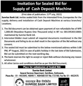 Invitation for Sealed Bid for Supply of Cash Deposit Machine
