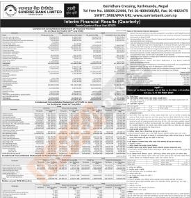 सनराइज बैंकको खुद नाफा २ अर्ब १५ करोड ९ लाख रुपैयाँ,  वितरण योग्य मुनाफा २५ करोड ६१ लाख - Q4 Report 