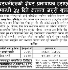 प्रमाणपत्र हराएको सम्बन्धी सूचना 