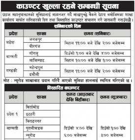 माछापुच्छ्रे बैंकको विभिन बारका दिन निम्न शाखा तथा काउण्टरहरु खुल्ला रहने सम्बन्धी सूचना