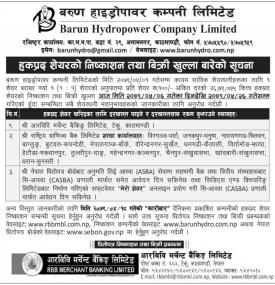 बरुण हाइड्रोपावरको हकप्रद शेयरको निष्काशन तथा बिक्री खुल्ला बारेको सूचना