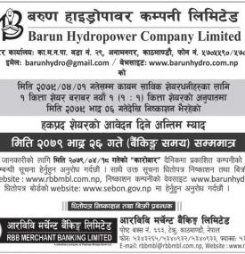 बरुण हाइड्रोपावरको हकप्रद शेयर निष्काशन सम्बन्धी सूचना