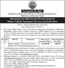 Invitation for Bids for the Procurement of Motor Vehicle Insurance Service as listed below