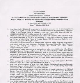 Notice on Invitation for Bid for Rs.1000 Denomination Bank Notes
