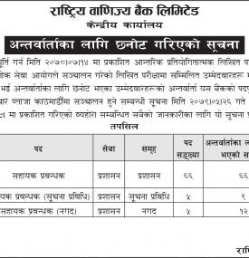 राष्ट्रिय वाणिज्य बैंकको अन्तर्वार्ताका लागि छनोट गरिएको सूचना