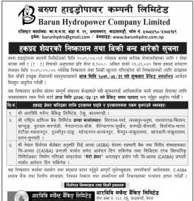 बरुण हाइड्रोपावरको हकप्रद शेयर निष्काशन तथा बिक्री बन्द बारे सूचना
