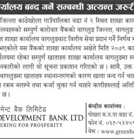 बैंकले शाखा कार्यालय बन्द गर्ने सम्बन्धी सूचना