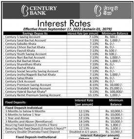 सेन्चुरी कमरसियल बैंकको नयाँ ब्याजदर सार्वजानिक