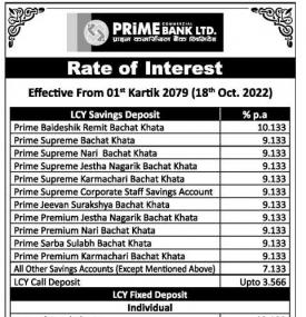 बैंकको नयाँ ब्याजदर परिवर्तन सम्बन्धी सूचना