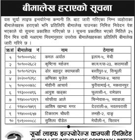 बीमालेख हराएको सूचना