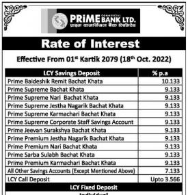 प्राईम कमरसियल बैंकको नयाँ ब्याजदर सार्वजानिक