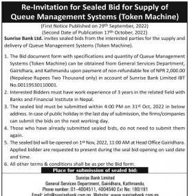 Re-Invitation for Sealed Bid for Supply of Queue Management Systems