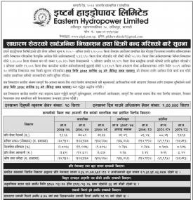 इष्टर्न हाइड्रोपावरको आईपीओमा आवेदन दिने आज अन्तिम दिनबारे सूचना