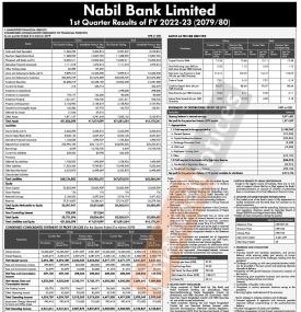 नबिल बैंकको खुद नाफा १ अर्ब ५७ करोड १५ लाख रुपैयाँ - 1st Quarterly Report -