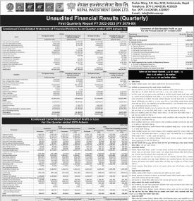 नेपाल इन्भेस्टमेन्ट बैंकको पहिलो त्रैमासको खुद नाफा १ अर्ब १४ करोड रुपैयाँ - 1st Quarterly Report -
