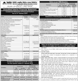 मिर्मिरे लघुवित्त वित्तीयको खुद नाफा २ करोड ८२ लाख रुपैयाँ - Q1 Report -