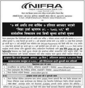 निफ्राको ऋणपत्रमा आजदेखि आवेदन खुल्ला भएको  बारे सूचना