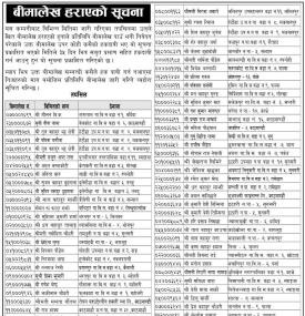 बीमालेख हराएको सम्बन्धी सूचना