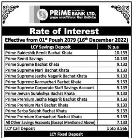 प्राईम कमरसियल बैंकको नयाँ ब्याजदर सार्वजानिक