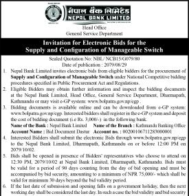 Invitation for Electronic Bids for the Supply and Configuration of Manageable Switch