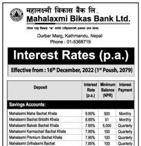 महालक्ष्मी विकास बैंकको नयाँ ब्याजदर सार्वजानिक, हेर्नुहोस् कुन खातामा कति पुग्यो ?