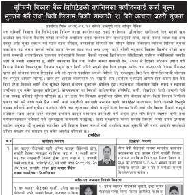 कर्जा चुक्ता तथा धितो लिलाम बिक्री सम्बन्धी २१ दिने जरुरी सूचना