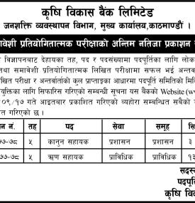 कृषि विकास बैंकको परीक्षाको अन्तिम नतिजा प्रकाशन सम्बन्धी सूचना