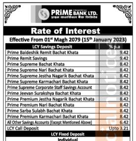 प्राईम बैंकको नयाँ ब्याजदर सार्वजनिकबारे सूचना
