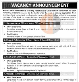 Kailash Bikas बैंकमा रोजागारीको अवसर