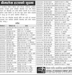 बीमालेख हराएको सम्बन्धी सूचना