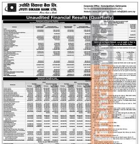 ज्योती विकास बैंकको खुद नाफा ३ करोड ४७ लाख रुपैयाँ - Q2 Report -