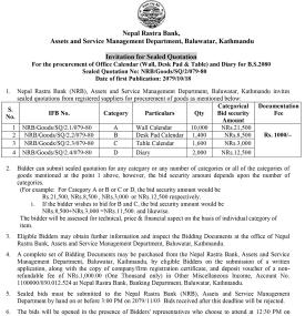 Invitation for Sealed Quotation For the procurement of Office Calendar