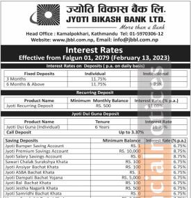  ज्योती विकास बैंकको नयाँ ब्याजदर सार्वजानिक बारे सूचना