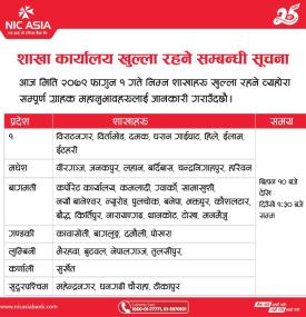  जनयुद्ध दिवसमा एनआईसी एशिया बैंकको शाखा कार्यालय खुल्ला रहने सम्बन्धी सूचना
