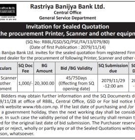 Invitation for Sealed Quotation for the procurement Printer, Scanner and Other equipment