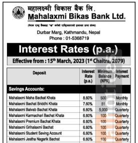 महालक्ष्मी विकास बैंकलको नयाँ ब्याजदर सार्वजनिक - Interest Rates -