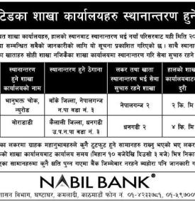 नबिल बैंकको शाखा कार्यालयहरु स्थानान्तरण हुने सम्बन्धी सूचना