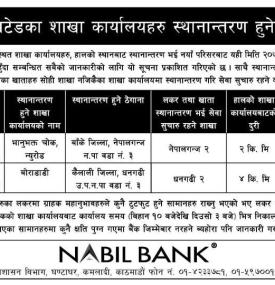 नबिल बैंकको शाखा कार्यालयहरु स्थानान्तरण हुने सम्बन्धी सूचना