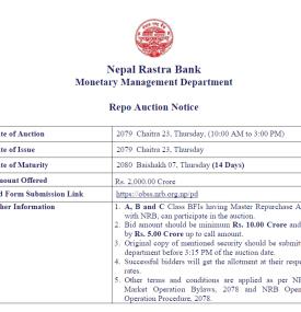 नेपाल राष्ट्र बैंकले रिपोमार्फत २० अर्ब रुपैयाँ बजारमा पठाउने बारे सूचना