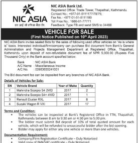 Notice about Vehicle for Sale of NIC Asia Bank