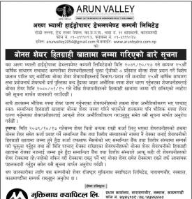 बोनश शेयर हितग्राही खातामा जम्मा गरिएको सम्बन्धी सूचना